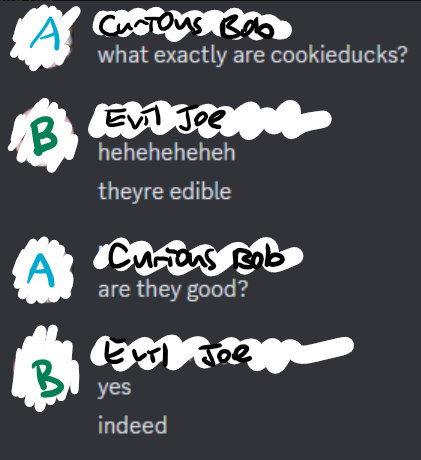 image of a conversation where someone posts messages saying cookieducks are NOT edible